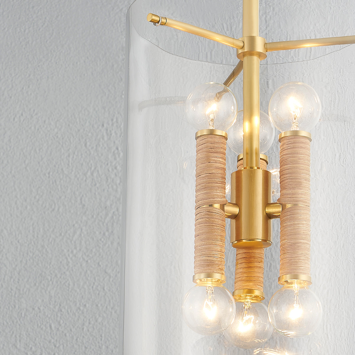 Aged Brass Frame Rattan Wrapped with Clear Cylindrical Glass Shade Pendant