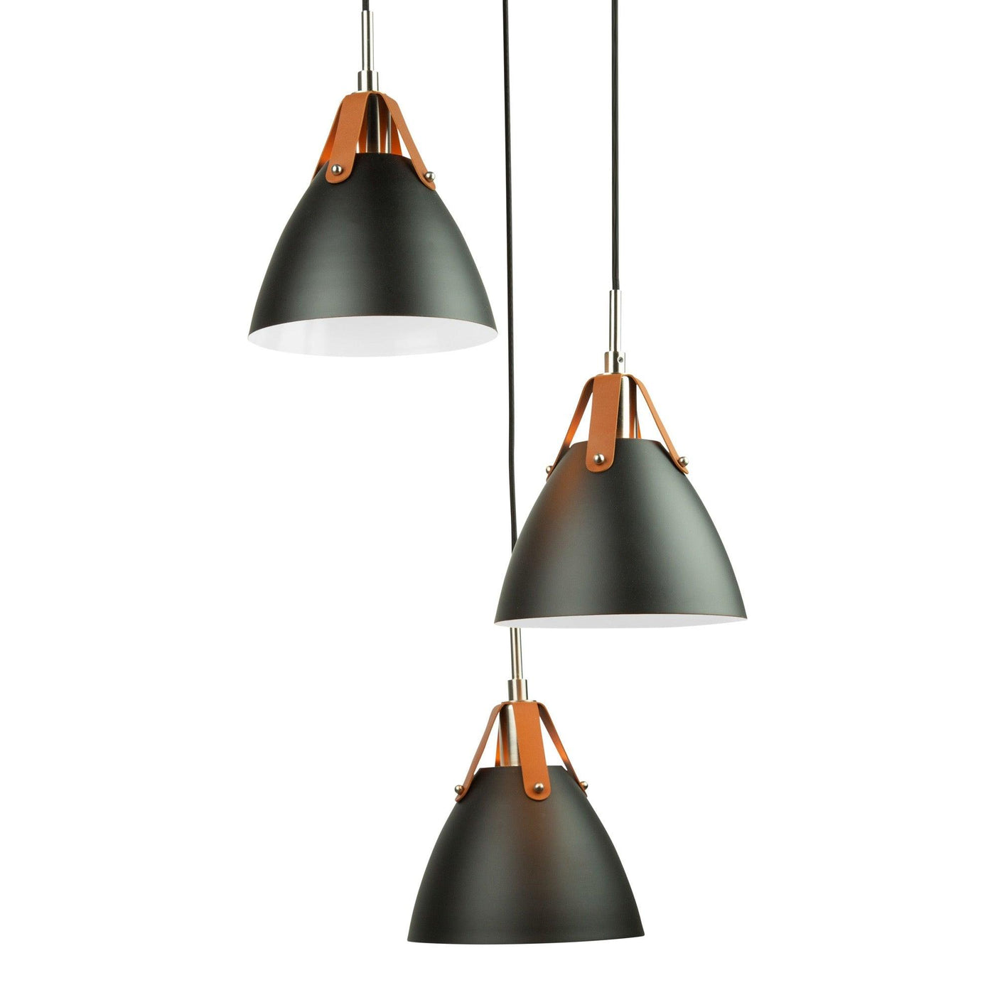 Black Conical Shade with Leather Straps 3 Light Pendant - LV LIGHTING