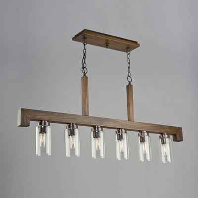 Pine Wood Brunito Bronze Linear Frame with Clear Cylindrical Glass Shade Pendant - LV LIGHTING