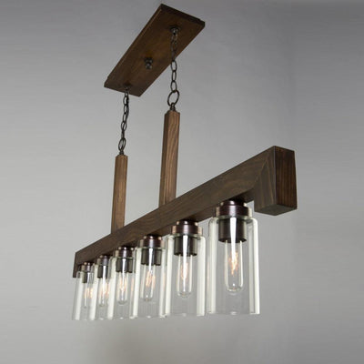 Pine Wood Brunito Bronze Linear Frame with Clear Cylindrical Glass Shade Pendant - LV LIGHTING
