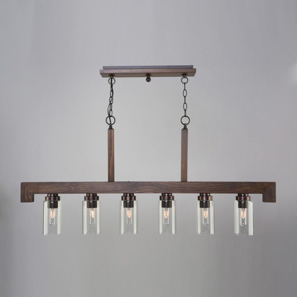 Pine Wood Brunito Bronze Linear Frame with Clear Cylindrical Glass Shade Pendant - LV LIGHTING