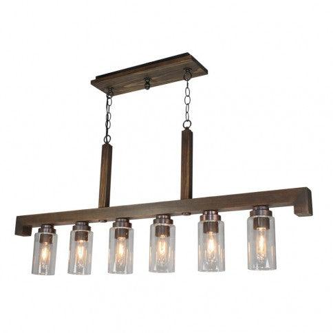 Pine Wood Brunito Bronze Linear Frame with Clear Cylindrical Glass Shade Pendant - LV LIGHTING