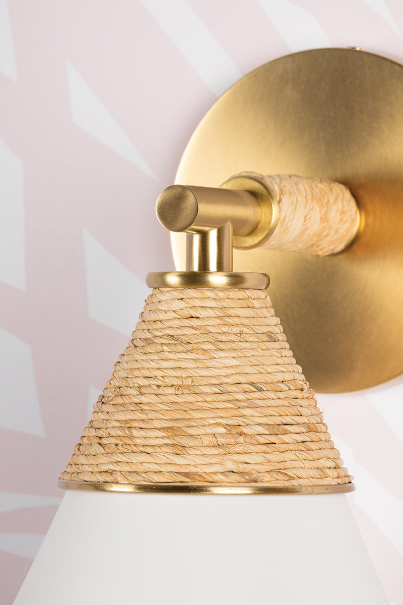 Aged Brass Frame with Raffia Wrapped Textured White Shade Wall Sconce