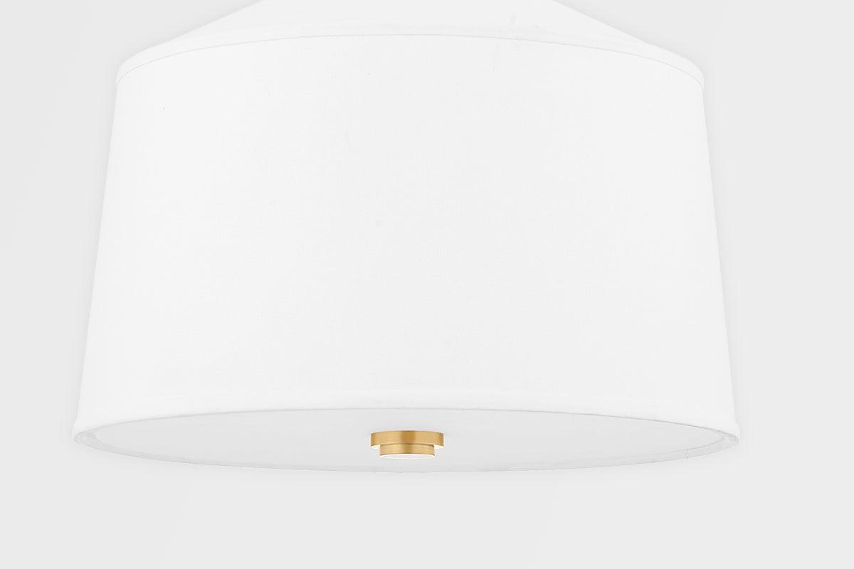 Aged Brass with White Fabric Shade Flush Mount - LV LIGHTING