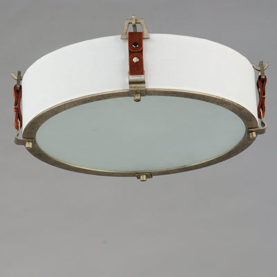 Weathered Zinc Frame and Brown Suede Strap with Linen Shade Flush Mount