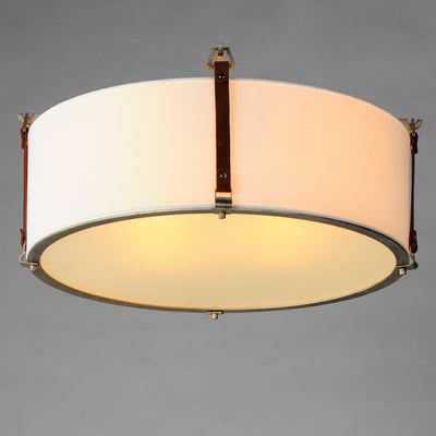 Weathered Zinc Frame and Brown Suede Strap with Linen Shade Flush Mount