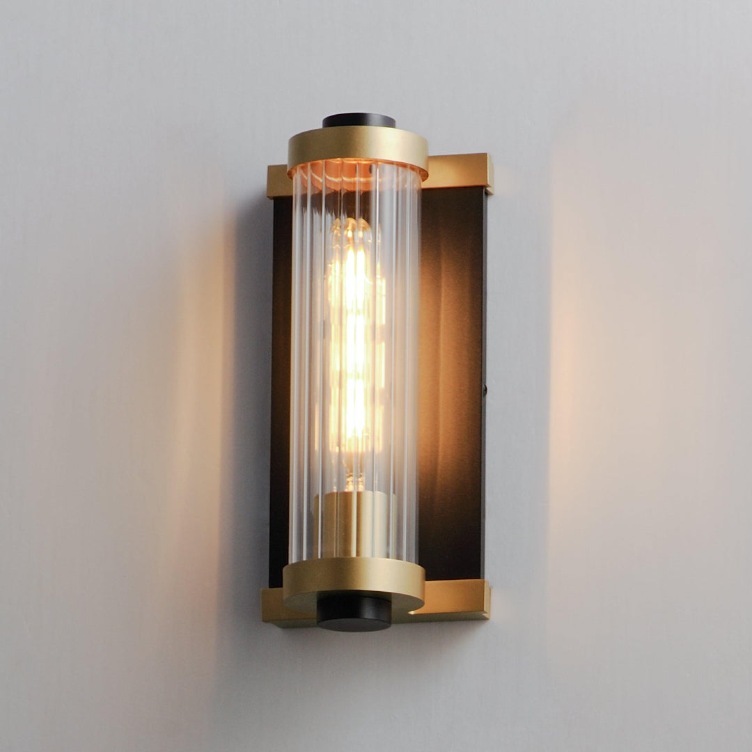 Black and Antique Brass Frame with Clear Cylindrical Glass Shade Outdoor Wall Sconce - LV LIGHTING