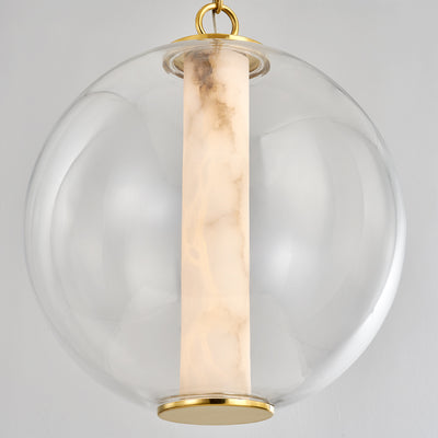 LED Vintage Brass Frame and Clear Glass Globe with Cylindrical Alabaster Diffuser Pendant
