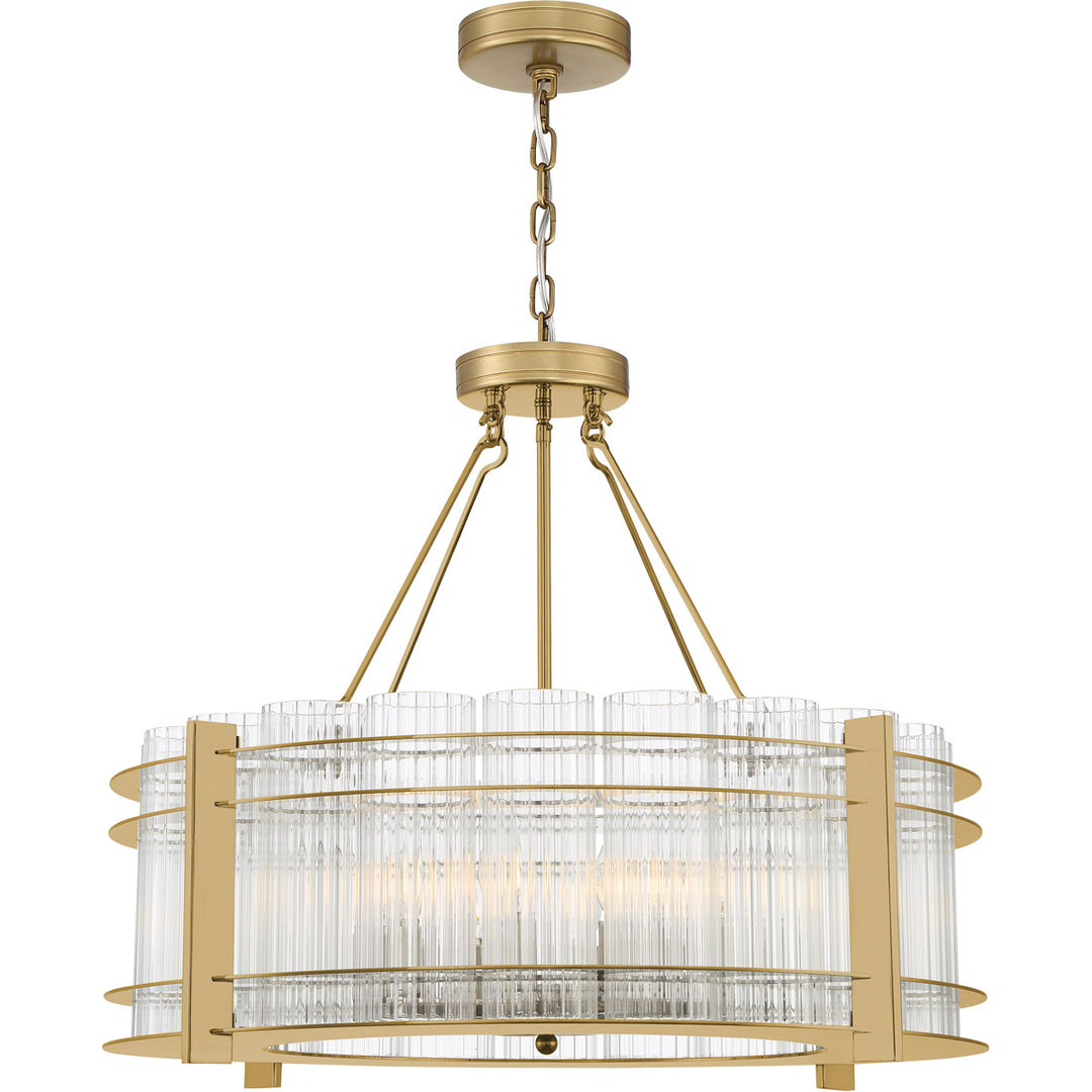 Steel Frame with Clear Ribbed Cylindrical Glass Shade Chandelier in Aged Brass by Zeev
