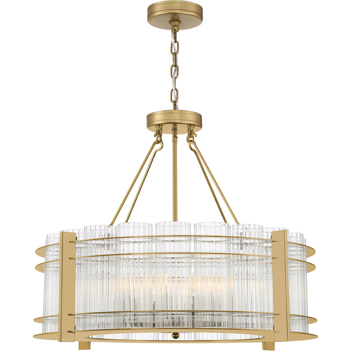 Steel Frame with Clear Ribbed Cylindrical Glass Shade Chandelier in Aged Brass by Zeev