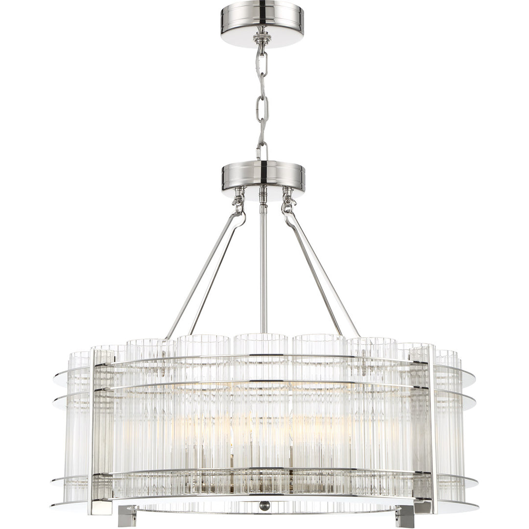 Steel Frame with Clear Ribbed Cylindrical Glass Shade Chandelier in Polished Nickel by Zeev