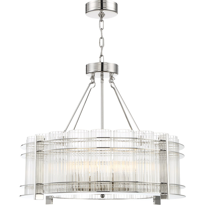 Steel Frame with Clear Ribbed Cylindrical Glass Shade Chandelier in Polished Nickel by Zeev