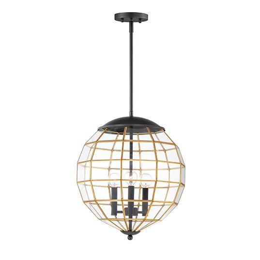 Black Burnished Brass with Rectilinear Clear Glass Panels 3 Light Pendant - LV LIGHTING