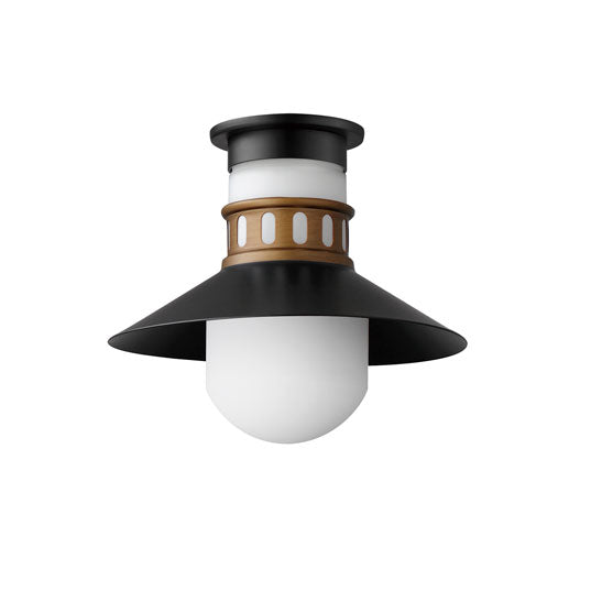 Steel Brimmed Spun Shade with Satin White Glass Shade Outdoor Flush Mount