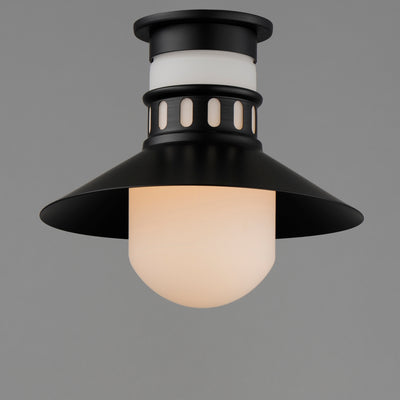 Steel Brimmed Spun Shade with Satin White Glass Shade Outdoor Flush Mount