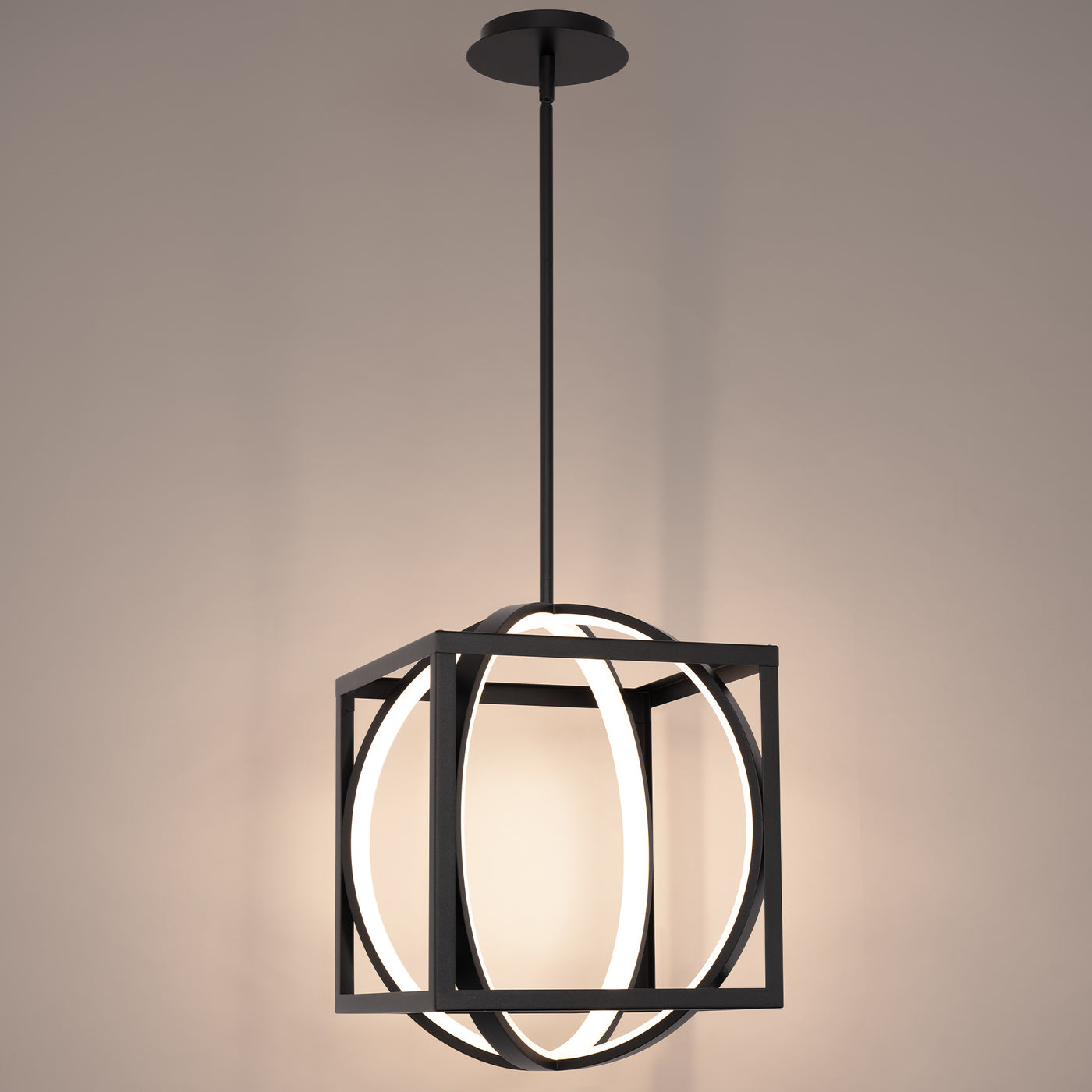 LED Black Square and Orbit Ring Cage Pendant
