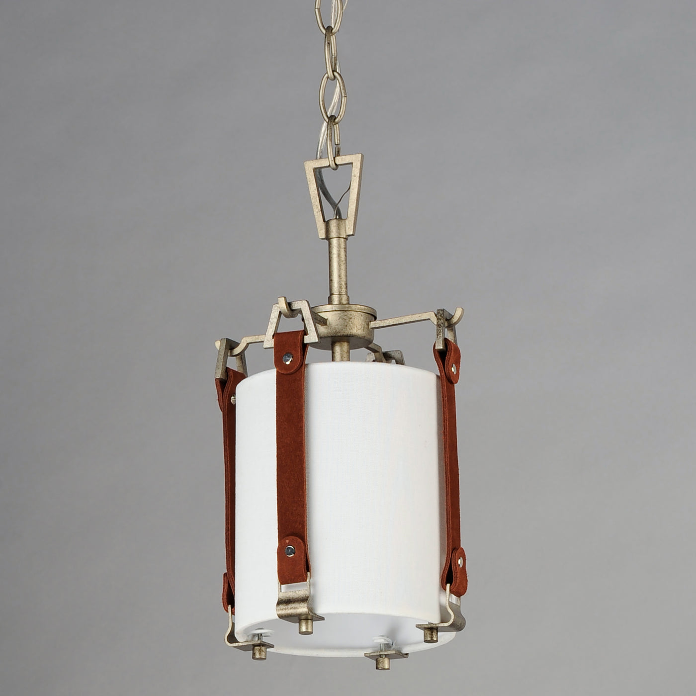 Weathered Zinc Frame and Brown Suede Strap with Linen Shade Pendant