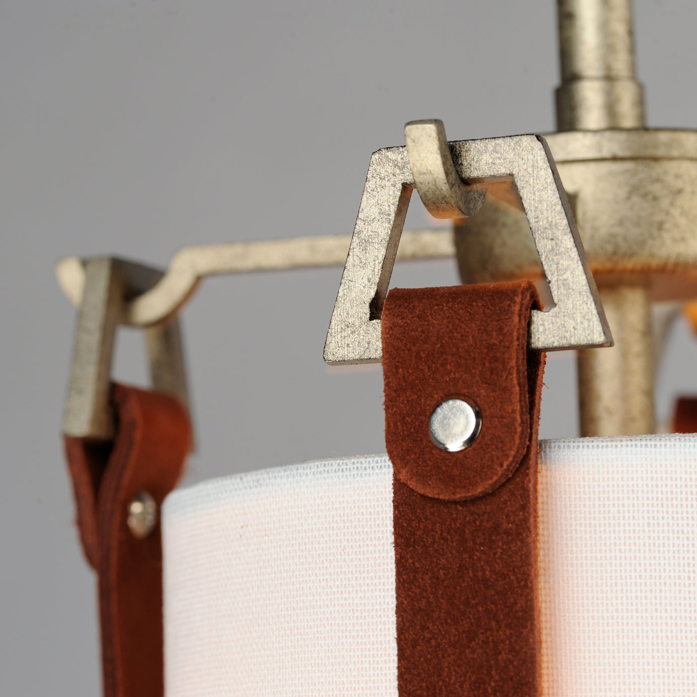 Weathered Zinc Frame and Brown Suede Strap with Linen Shade Pendant