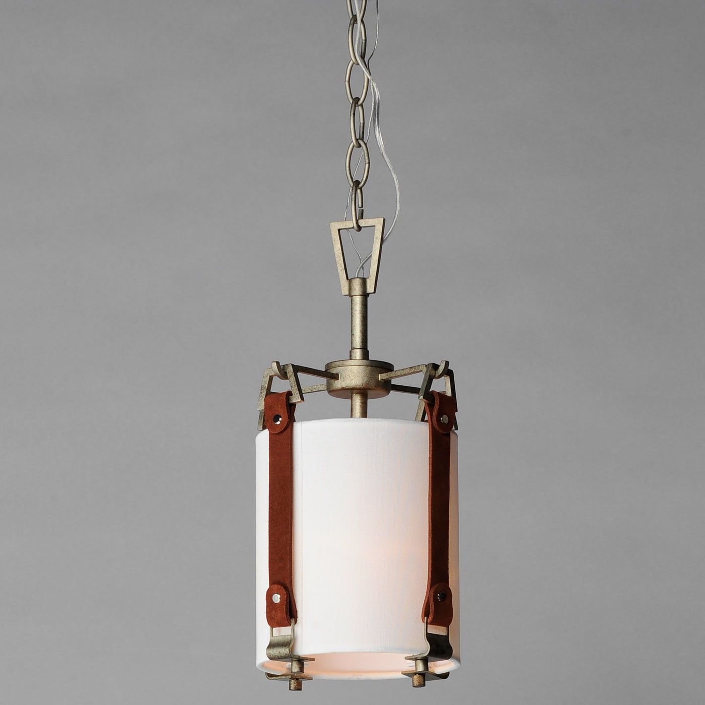 Weathered Zinc Frame and Brown Suede Strap with Linen Shade Pendant