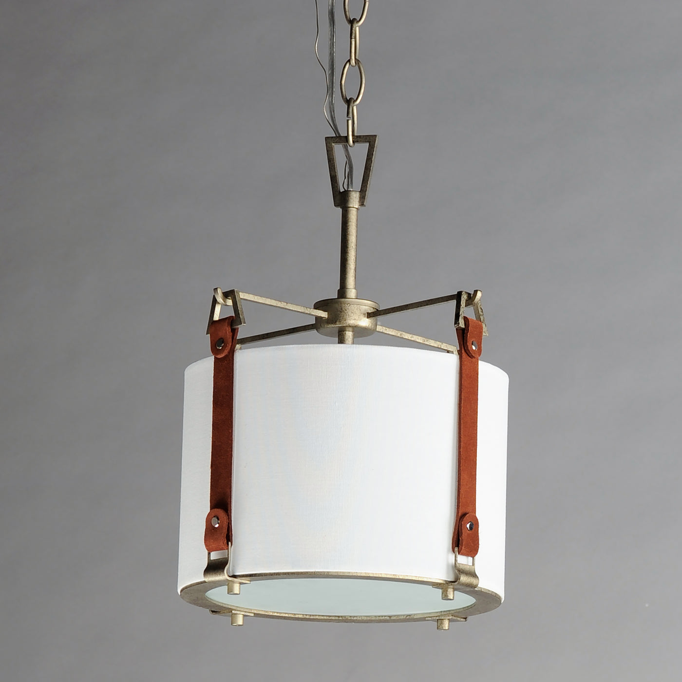 Weathered Zinc Frame and Brown Suede Strap with Linen Shade Pendant