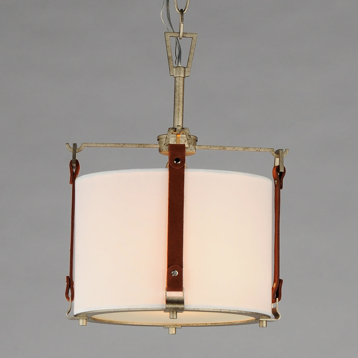 Weathered Zinc Frame and Brown Suede Strap with Linen Shade Pendant