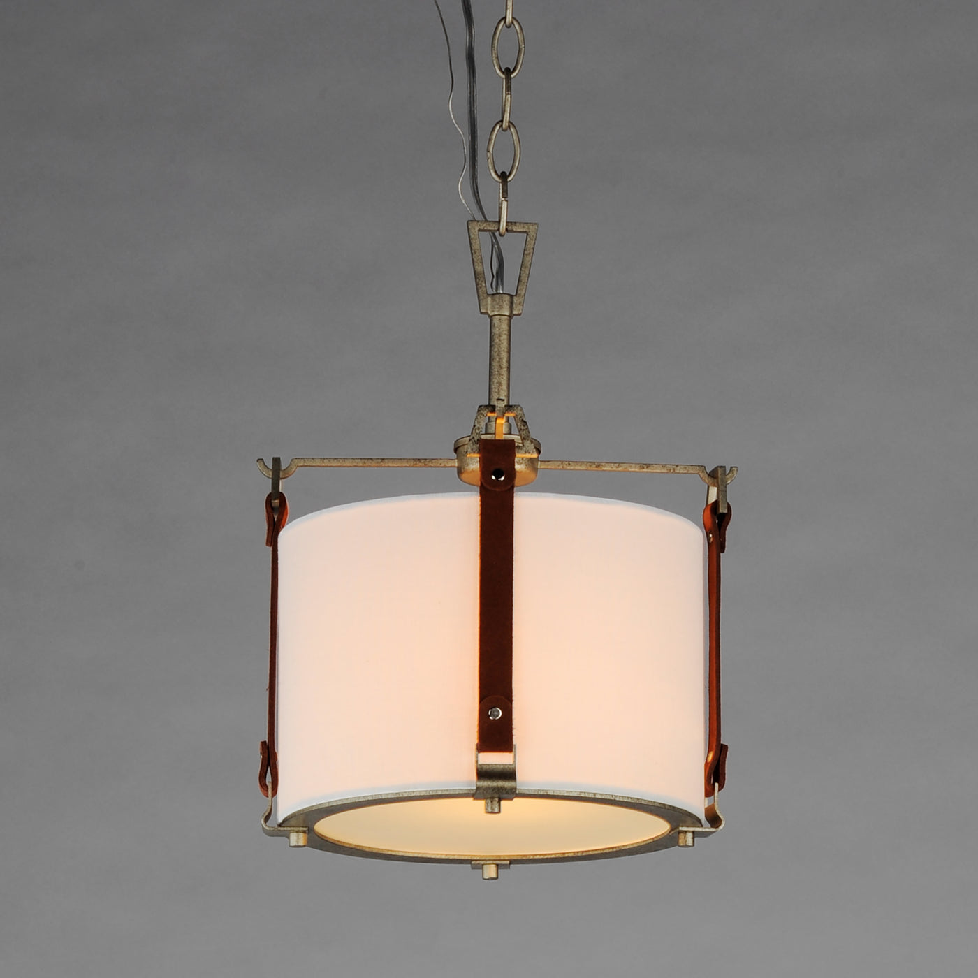 Weathered Zinc Frame and Brown Suede Strap with Linen Shade Pendant