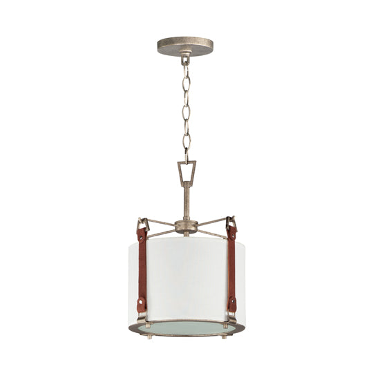 Weathered Zinc Frame and Brown Suede Strap with Linen Shade Pendant