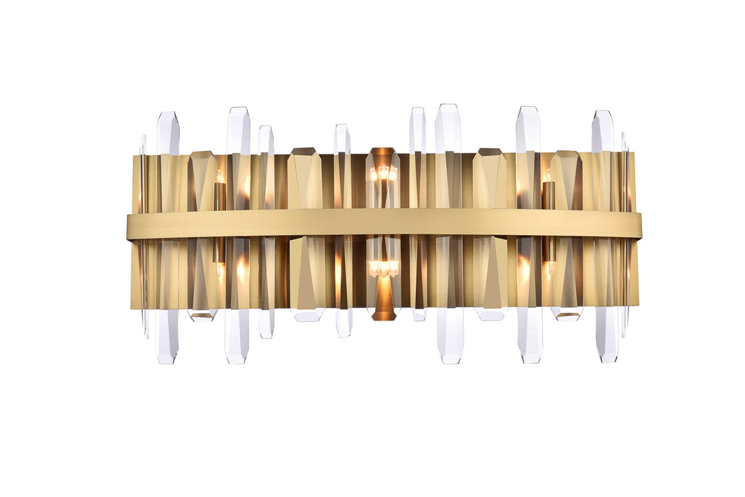 Steel Rectangular Frame with Clear Crystal Rod Vanity Light in Satin Gold by Elegant