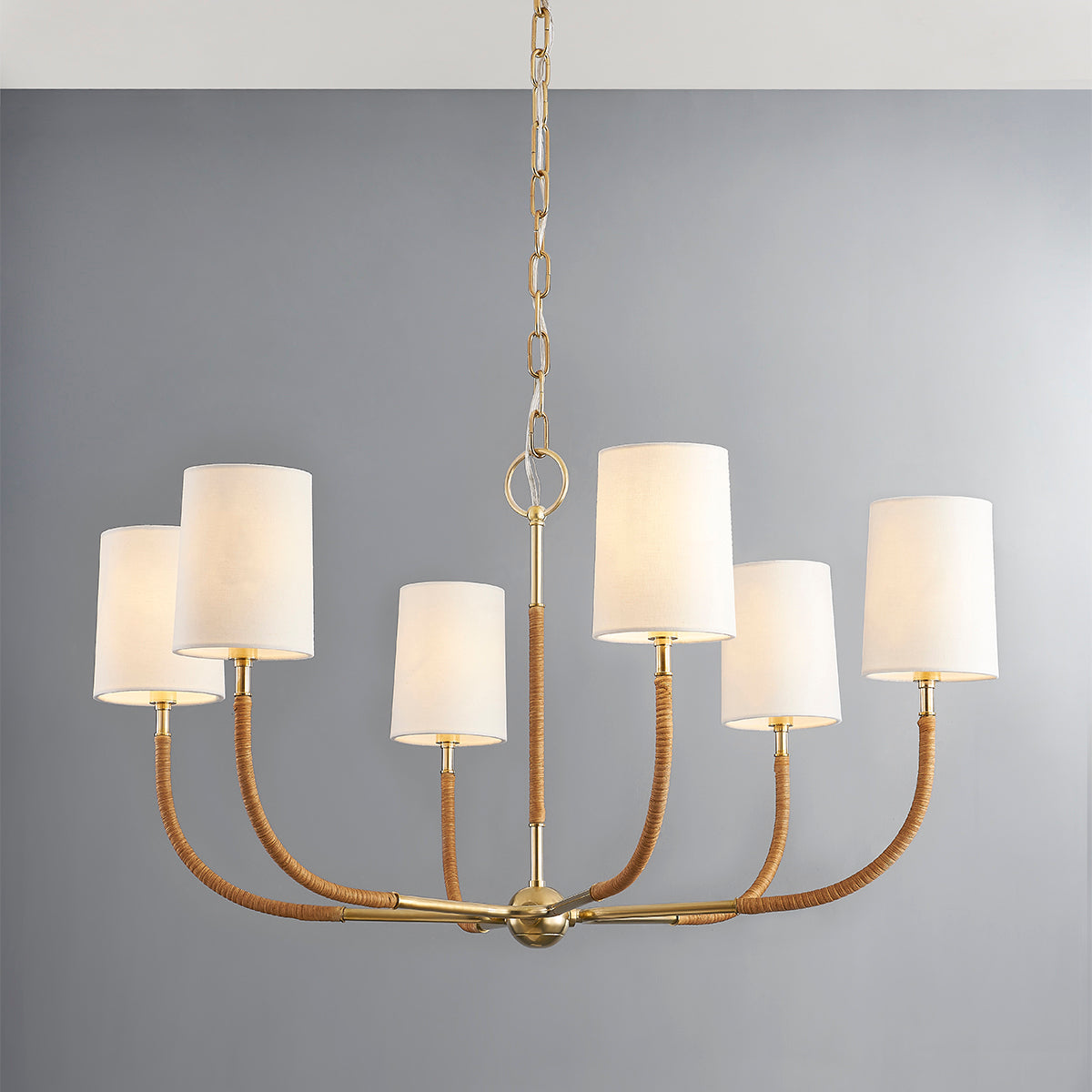 Aged Brass Wrapped with Natural Rattan Curve Arm with Linen White Shade Chandelier