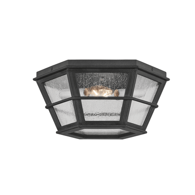 French Iron with Clear Seedy Glass Shade Outdoor Flush Mount - LV LIGHTING