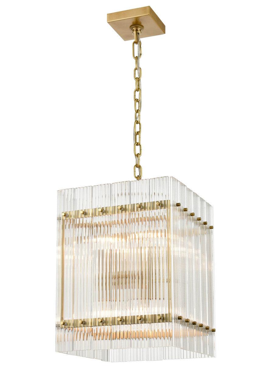 Aged Brass Cube Frame with Ribbed Clear Glass Pendant - LV LIGHTING