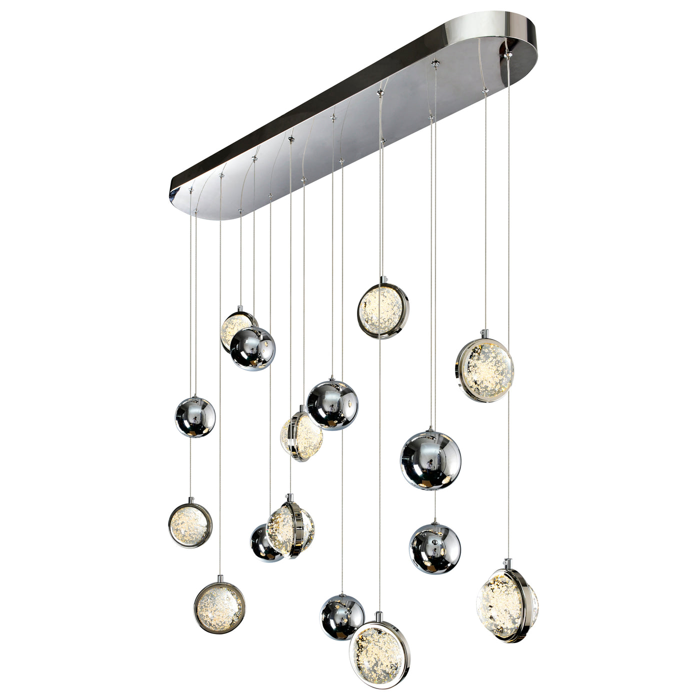 LED Polished Nickel Frame with Bubble Crystal and Chrome Globe Linear Chandelier
